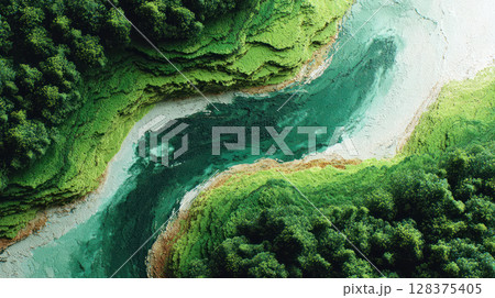 Aerial view of eco friendly green forest and digital river flowing through economy landscape with vibrant natural colors and peaceful environment Aerial view of eco friendly green forest and digital river flowing through economy landscape with vibrant natural colors and peaceful environment 128375405