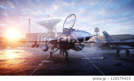 Military american base. American fighter jet. 3d rendering. 128375423