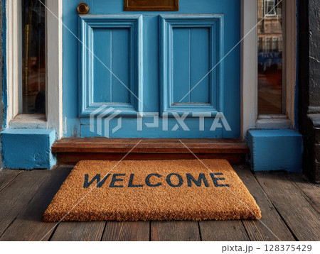 Welcome mat in front of blue door on wooden floor inviting to residential apartment for rent in cozy housing area 128375429
