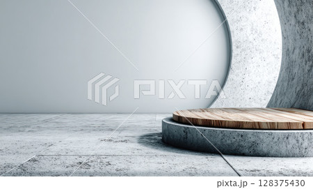 Minimalist concrete podium with wooden platform on clean neutral background, perfect for product display or presentation in modern style 128375430