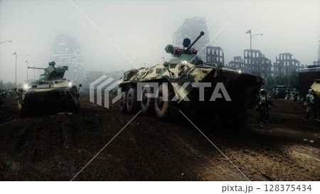 armored infantry vehicles with soldiers in in a ruined city. 3d rendering. armored infantry vehicles with soldiers in in a ruined city. 3d rendering. 128375434