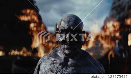Zombie in apocalyptic burning city. Armageddon. 3d rendering. 128375435