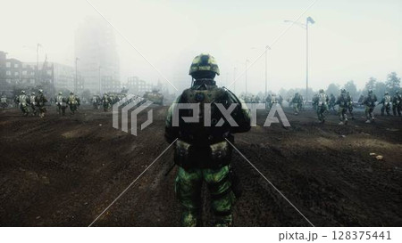 Soldier with gun in in a ruined city. 3d rendering. 128375441