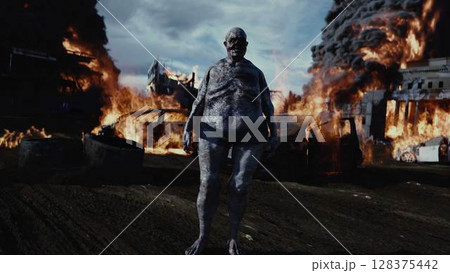 Zombie in apocalyptic burning city. Armageddon. 3d rendering. Zombie in apocalyptic burning city. Armageddon. 3d rendering. 128375442
