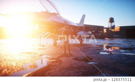 Military american pilot. American fighter jet. 3d rendering. 128375511
