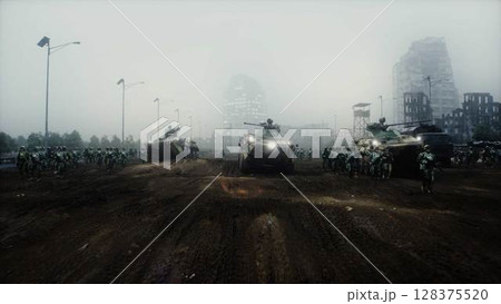 armored infantry vehicles with soldiers in in a ruined city. 3d rendering. armored infantry vehicles with soldiers in in a ruined city. 3d rendering. 128375520