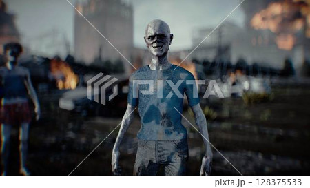 Russian zombie apocalypse. burning city Moscow. Armageddon. 3d rendering. Russian zombie apocalypse. burning city Moscow. Armageddon. 3d rendering. 128375533