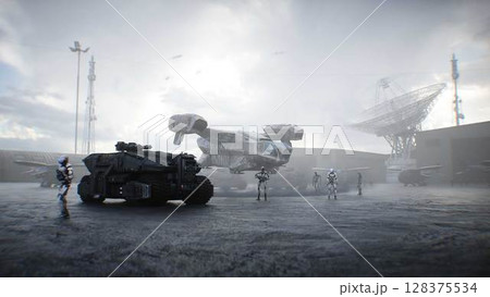 Futuristic military base with robots and aerial ship. 3d rendering. 128375534
