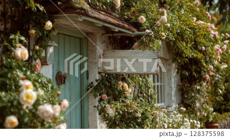 Charming cottagecore scene with rustic wooden door surrounded by blooming roses and lush greenery creating peaceful and cozy atmosphere 128375598