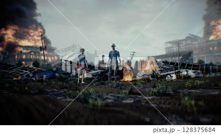Zombie in apocalyptic burning city. Armageddon. 3d rendering. 128375684