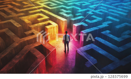 Person stands at fork in life size maze with two differently lit exits, symbolizing choices and uncertainty in life 128375699