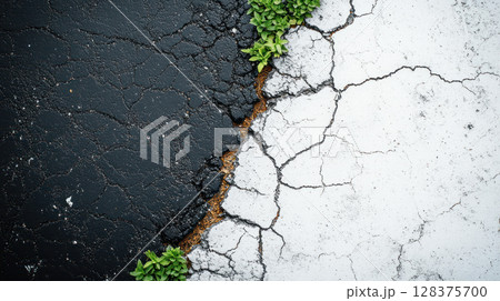 Symbolic black and white cracked road split with green plants growing through wild gap, showing contrast between paved and natural textures Symbolic black and white cracked road split with green plants growing through wild gap, showing contrast between paved and natural textures 128375700