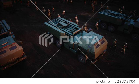 American High Mobility Artillery Rocket System in a ruined city. 3d rendering. 128375704