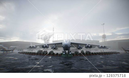 Military american base. American battle heavy bomber. 3d rendering. Military american base. American battle heavy bomber. 3d rendering. 128375718