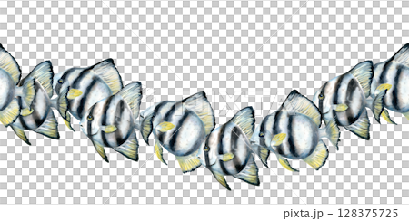 Seamless border of black and white striped tropical fish living on coral reefs. Watercolor wave pattern in neutral colors on white background for marine design, scrapbooking, stickers, craft, textile. Seamless border of black and white striped tropical fish living on coral reefs. Watercolor wave pattern in neutral colors on white background for marine design, scrapbooking, stickers, craft, textile. 128375725