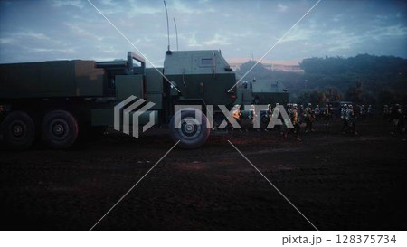 American High Mobility Artillery Rocket System in a ruined city. 3d rendering. American High Mobility Artillery Rocket System in a ruined city. 3d rendering. 128375734