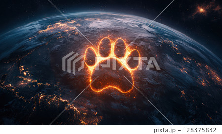 Glowing paw print over Earth backdrop with illuminated city lights, symbolizing global focus and connection in cosmic setting Glowing paw print over Earth backdrop with illuminated city lights, symbolizing global focus and connection in cosmic setting 128375832