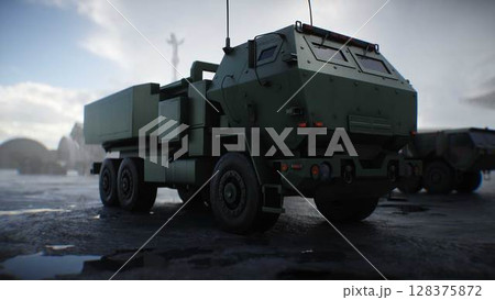 American High Mobility Artillery Rocket System. Military base. 3d rendering. American High Mobility Artillery Rocket System. Military base. 3d rendering. 128375872