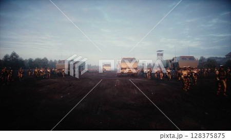 American High Mobility Artillery Rocket System in a ruined city. 3d rendering. 128375875