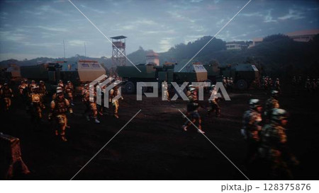 American High Mobility Artillery Rocket System in a ruined city. 3d rendering. 128375876