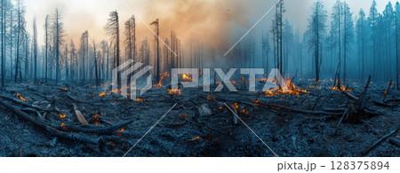 forest fire aftermath with charred trees, smoldering ground, and lingering flames, highlighting climate change impact 128375894