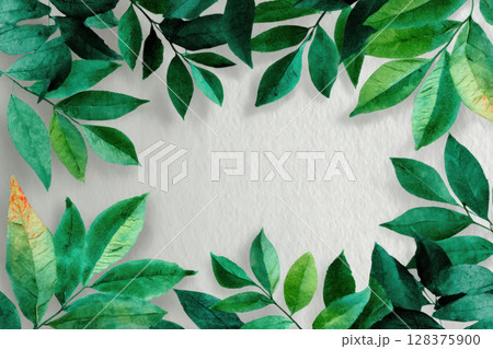 Watercolor green leaves forming rectangle border on textured white background, evoking fresh and natural feel Watercolor green leaves forming rectangle border on textured white background, evoking fresh and natural feel 128375900