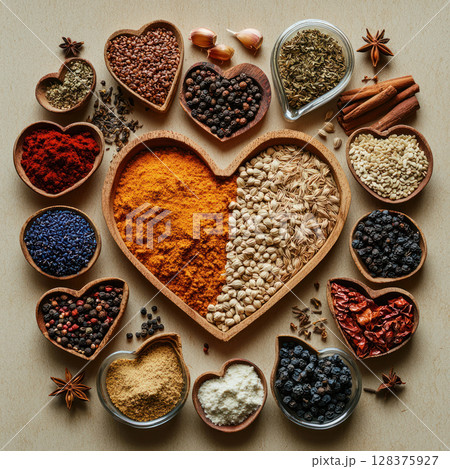 variety of colorful spices and seeds arranged in heart shaped bowls, symbolizing love for cooking and flavor 128375927