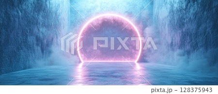 glowing neon circle in misty, futuristic room with reflective floors and textured walls creates surreal atmosphere 128375943