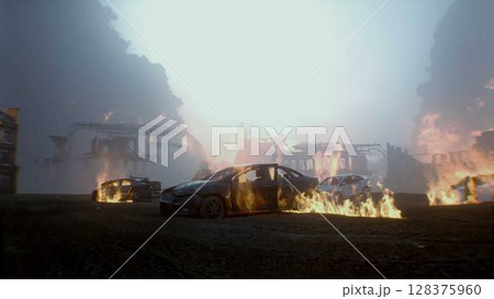 apocalyptic burning city. Armageddon. 3d rendering. 128375960