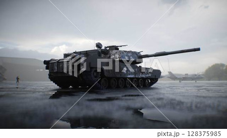 Military american base. American battle tank 3d rendering. 128375985