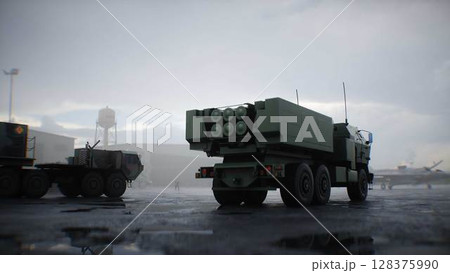 American High Mobility Artillery Rocket System. Military base. 3d rendering. 128375990