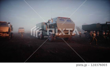 American High Mobility Artillery Rocket System in a ruined city. 3d rendering. 128376003