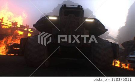 apocalyptic war machine drives through a destroyed burning city. 3d rendering. apocalyptic war machine drives through a destroyed burning city. 3d rendering. 128376011