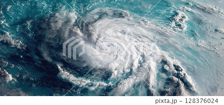 Hurricane forming over ocean with swirling clouds and intense eye visible in satellite view, showing powerful storm energy 128376024