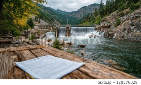 Hydroelectric dam with water flowing and investment documents wooden table natural landscape, representing infrastructure 128376029