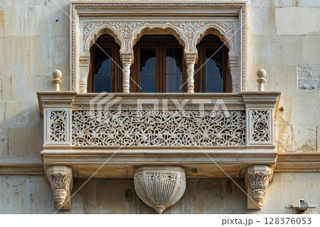 ornate stone balcony with intricate carvings and arched windows, showcasing traditional architectural elegance 128376053