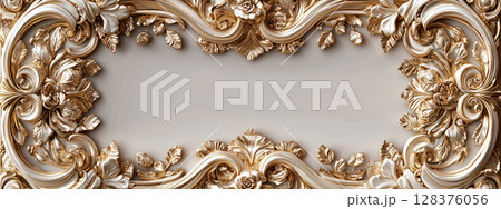 Ornate golden floral frame with intricate swirls and roses on neutral background, exuding elegance and sophistication 128376056