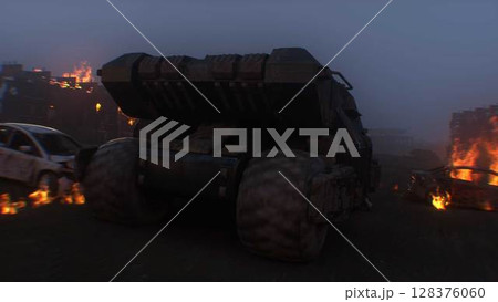 apocalyptic war machine drives through a destroyed burning city. 3d rendering. apocalyptic war machine drives through a destroyed burning city. 3d rendering. 128376060
