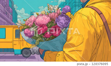 person in yellow jacket holding vibrant bouquet of flowers on city street with logistic vehicle in background 128376095