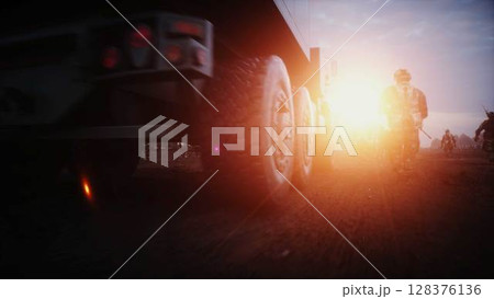American High Mobility Artillery Rocket System in a ruined city. 3d rendering. American High Mobility Artillery Rocket System in a ruined city. 3d rendering. 128376136