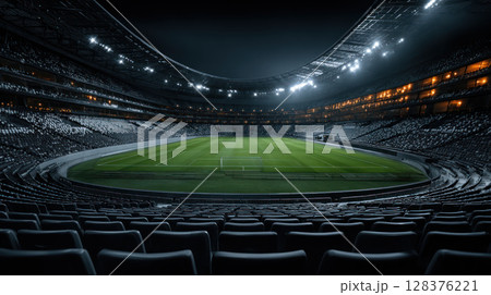Modern soccer stadium empty seats green pitch night lighting curved roof spectator view illuminated arena black and white seats 128376221