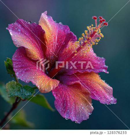 Hibiscus flower with dew drops and rich color gradients showing vibrant petals and delicate texture in natural light 128376233