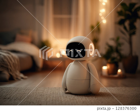 Cute robot with glowing eyes creating calming atmosphere in cozy bedroom with soft lighting and peaceful mood 128376300