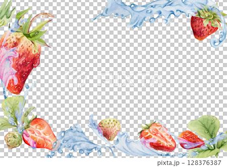 Strawberry berries leaves flying in water splash dew drops, ripe garden pineberry strasberry snakeberry hand drawn in watercolor. Isolated border corner frame. Farmers market, food and drink packaging Strawberry berries leaves flying in water splash dew drops, ripe garden pineberry strasberry snakeberry hand drawn in watercolor. Isolated border corner frame. Farmers market, food and drink packaging 128376387