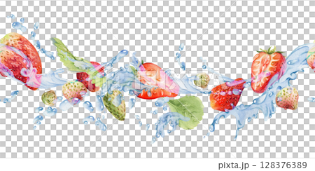 Strawberry flying in water splash with leaves, dew drops, ripe summer garden forest berry strasberry hand drawn in watercolor. Isolated seamless banner. Home preserves, stationery, menu, recipe book Strawberry flying in water splash with leaves, dew drops, ripe summer garden forest berry strasberry hand drawn in watercolor. Isolated seamless banner. Home preserves, stationery, menu, recipe book 128376389