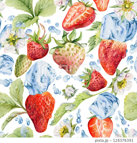 Strawberry leaves, dew drops, ice cubes, water splash. Ripe summer garden forest berry strasberry hand drawn in watercolor. Isolated seamless pattern tile. Home preserves, stationery, menu recipe book Strawberry leaves, dew drops, ice cubes, water splash. Ripe summer garden forest berry strasberry hand drawn in watercolor. Isolated seamless pattern tile. Home preserves, stationery, menu recipe book 128376391