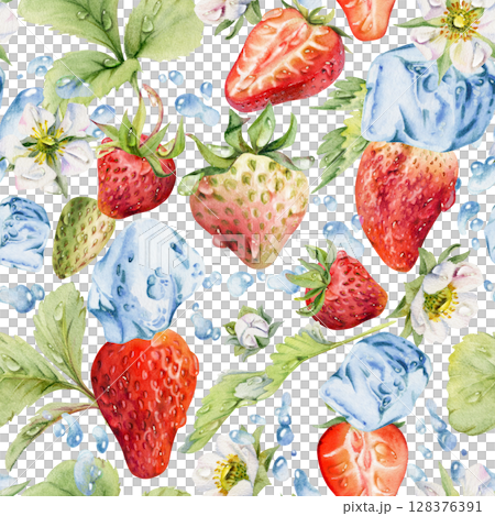 Strawberry leaves, dew drops, ice cubes, water splash. Ripe summer garden forest berry strasberry hand drawn in watercolor. Isolated seamless pattern tile. Home preserves, stationery, menu recipe book Strawberry leaves, dew drops, ice cubes, water splash. Ripe summer garden forest berry strasberry hand drawn in watercolor. Isolated seamless pattern tile. Home preserves, stationery, menu recipe book 128376391