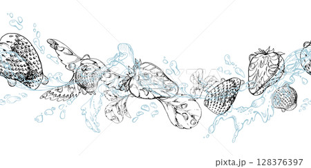 Strawberry flying in water splash with leaves, dew drops, ripe summer garden forest berry strasberry hand drawn in vector ink. Isolated seamless banner. Home preserves, stationery, menu, recipe book Strawberry flying in water splash with leaves, dew drops, ripe summer garden forest berry strasberry hand drawn in vector ink. Isolated seamless banner. Home preserves, stationery, menu, recipe book 128376397