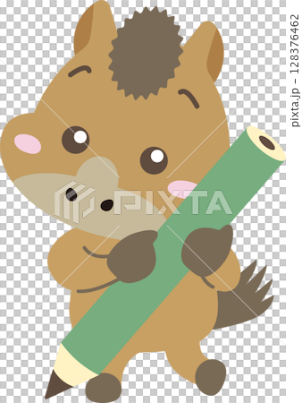 一隻可愛的馬角色小心翼翼地拿著一支鉛筆 | 可用於學習、教育和文具的插圖材料 128376462