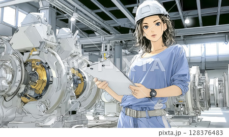 工場で安全点検をする女性従業員のイラスト素材 工場で安全点検をする女性従業員のイラスト素材 128376483